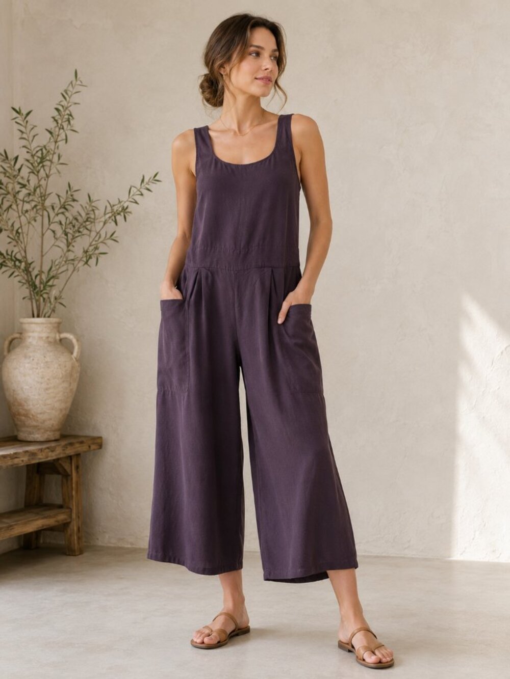 FLAX 100% Silk Wide Leg Jumpsuit Plum Cropped Pocket Artsy Romper Small 1060